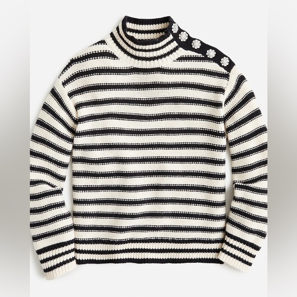 J. Crew Cable-knit mockneck pullover in stripe with jewel buttons - Picture 1 of 6